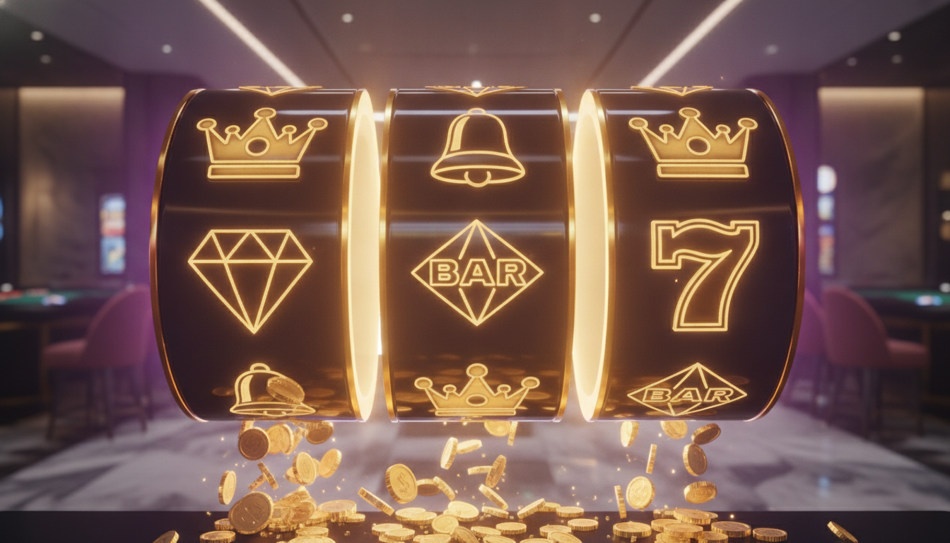 Tragamonedas premium de casino online con rodillos dorados y luces de neón